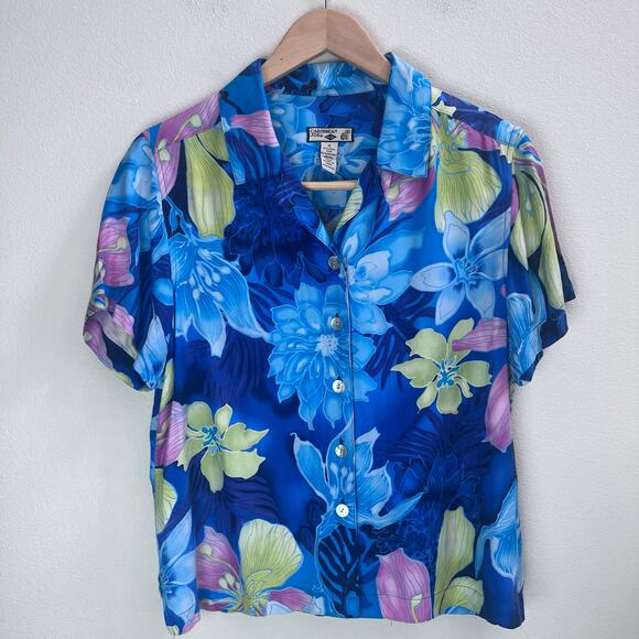 Caribbean Joe Hawaiian Silk Blend Floral Short Sleeve Shirt Women's Size Medium - Picture 1 of 6